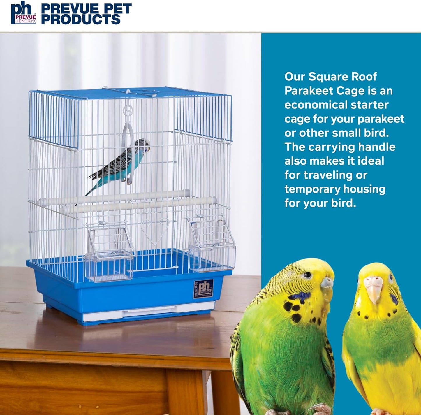 Flat-Top Bird Cage for Parakeets & Small Birds – White Wire, Blue Base, Removable Tray