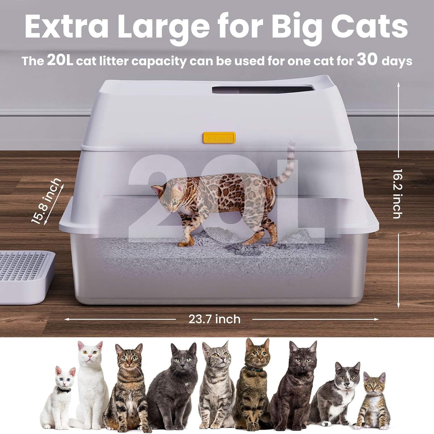 Extra Large Stainless Steel Cat Litter Box – Enclosed Top-Entry Design, Anti-Leak, Easy to Clean, with Scoop & Mat (White)