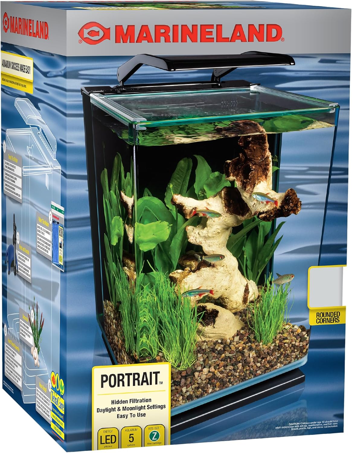 Portrait Glass LED Aquarium Kit, 5 Gallons, Hidden Filtration,Black