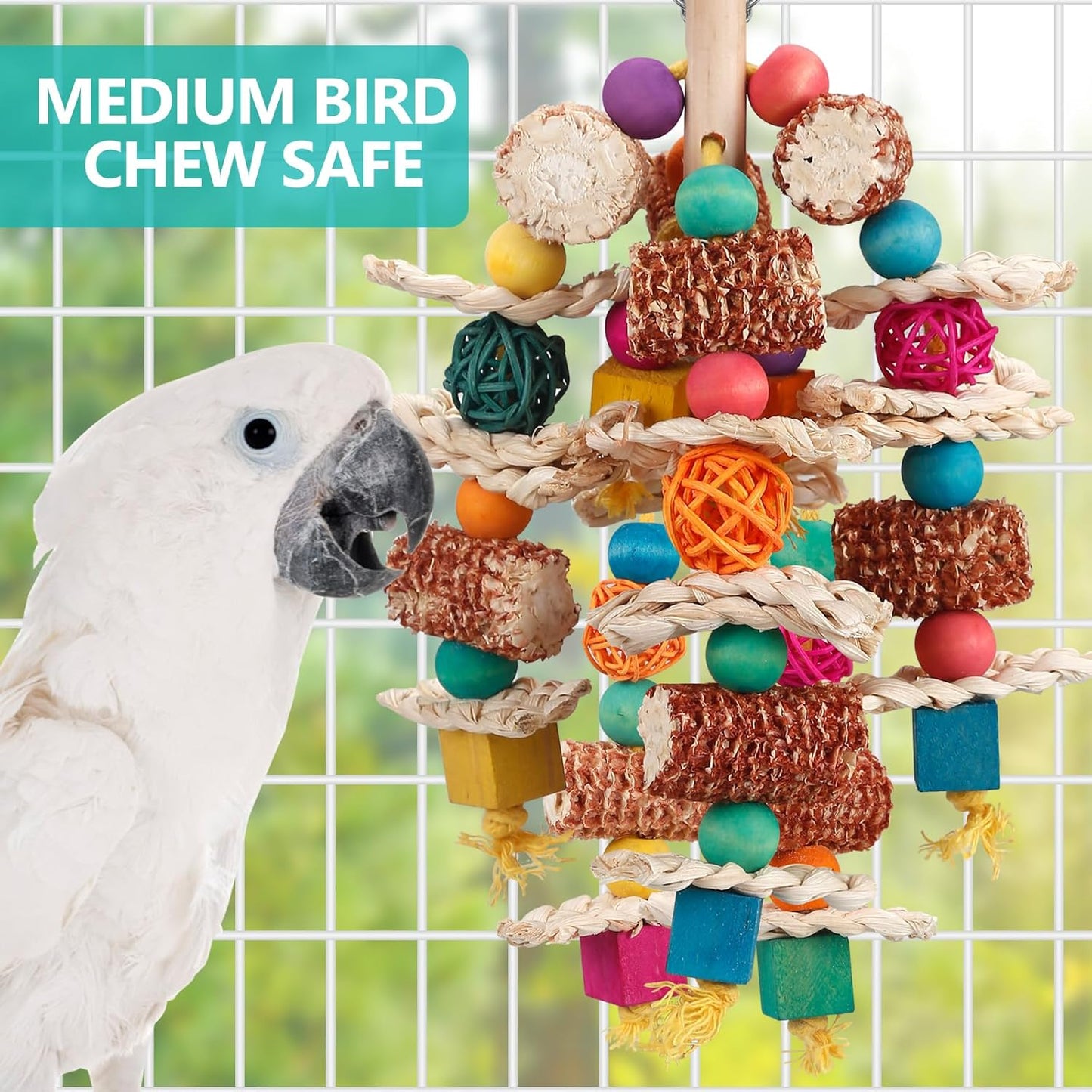 Natural Corn Cob Bird Chew Toys with Wooden Blocks – Durable Parrot Toys for Macaws, African Greys, Cockatoos, Amazons, Cockatiels, Conures, & Lovebirds