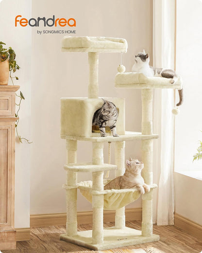 56-Inch Multi-Level Cat Tree – Tower with 11 Scratching Posts, 2 Perches, Cave & Hammock for Indoor Cats (Beige)