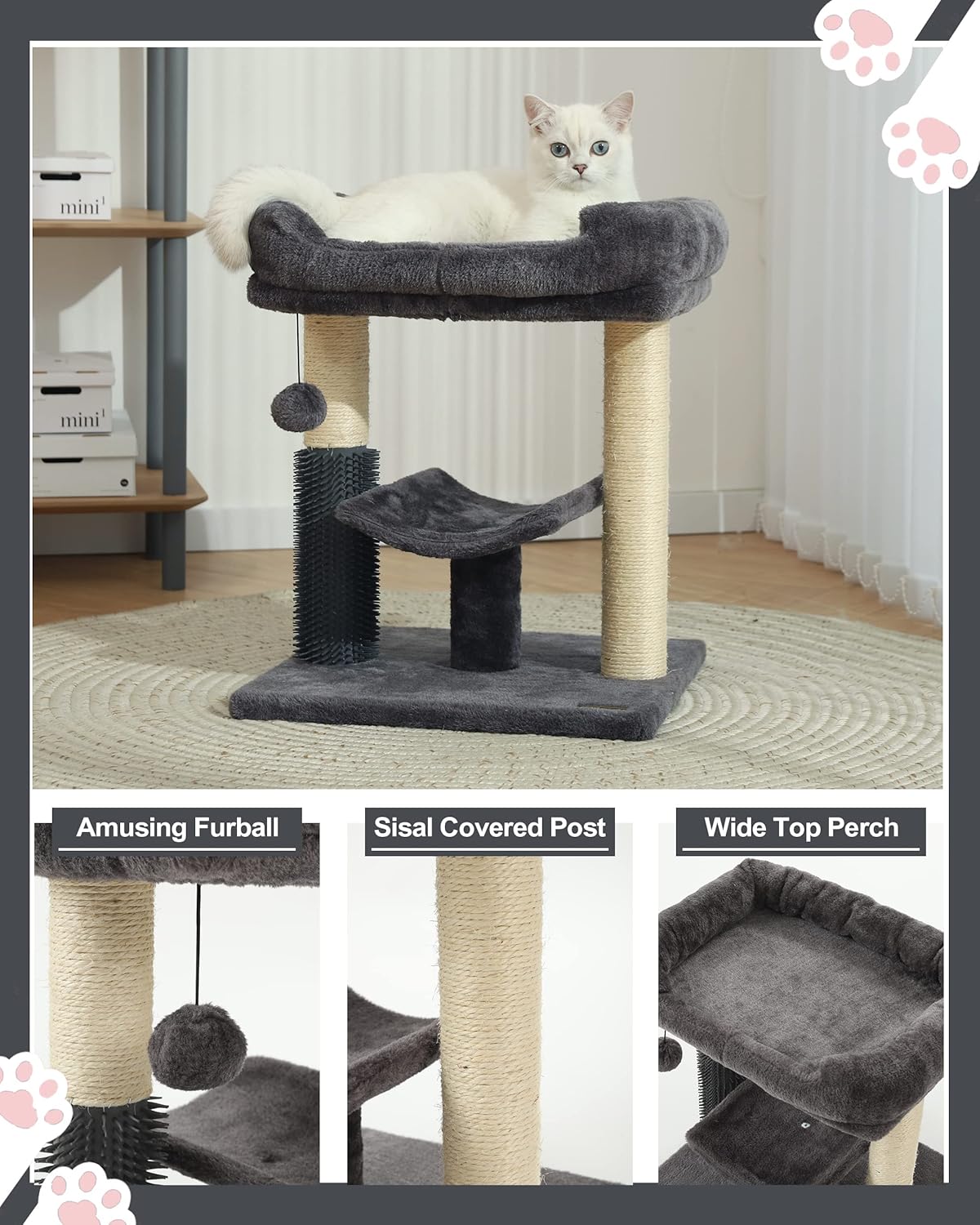 Cat Tree Tower – Cozy Perch, Scratching Post, Self-Groomer & Interactive Ball for Kittens and Indoor Cats