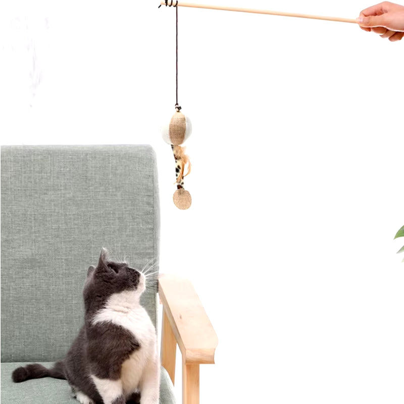 Interactive Feather Teaser Wand – Colorful Wood Rod for Kittens & Cats