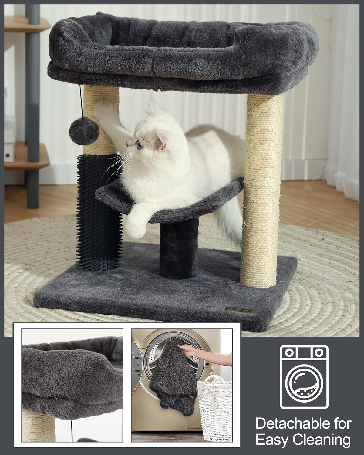 Cat Tree Tower – Cozy Perch, Scratching Post, Self-Groomer & Interactive Ball for Kittens and Indoor Cats