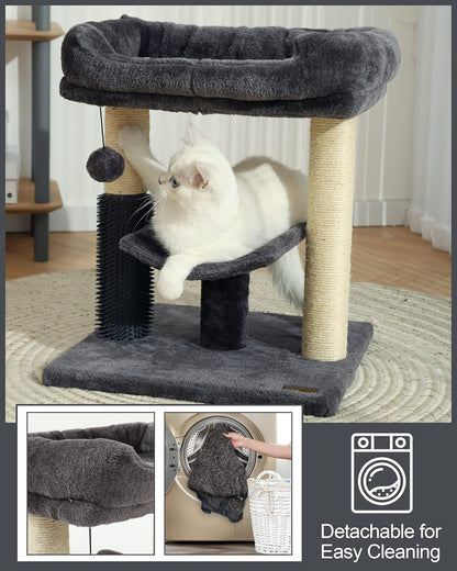 Cat Tree Tower – Cozy Perch, Scratching Post, Self-Groomer & Interactive Ball for Kittens and Indoor Cats