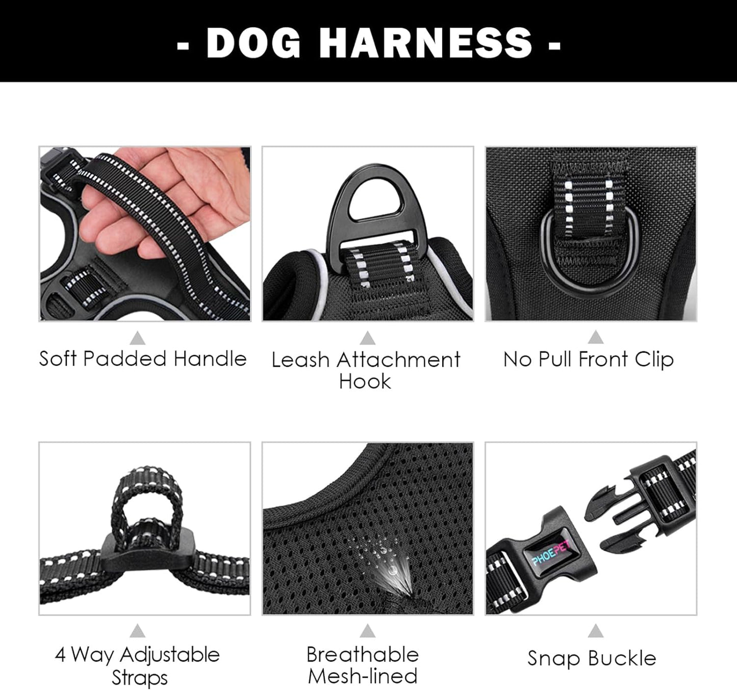 Reflective No-Pull Dog Harness for Small Dogs – Adjustable Front-Clip Vest with Handle, 2 Metal Rings & 3 Buckles, Easy On/Off (L, Black)