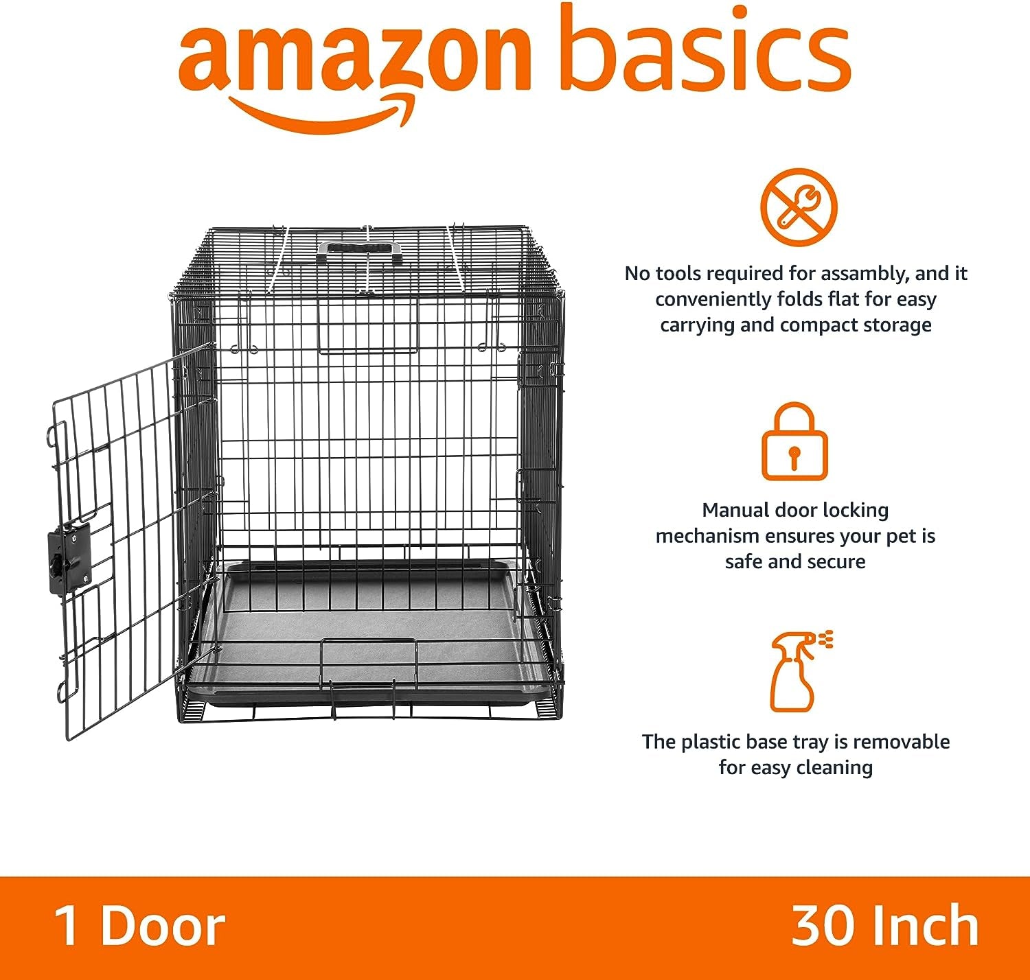 Durable Foldable Dog Crate – Metal Wire Design with Tray, Single Door, 30"x19"x21", Black