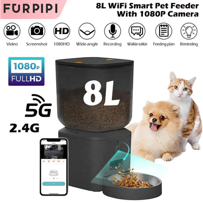 8L Smart Automatic Pet Feeder – 1080P Camera, 5G WiFi, Tuya App Control, Voice Recorder, and Timed Food Dispenser for Cats & Dogs