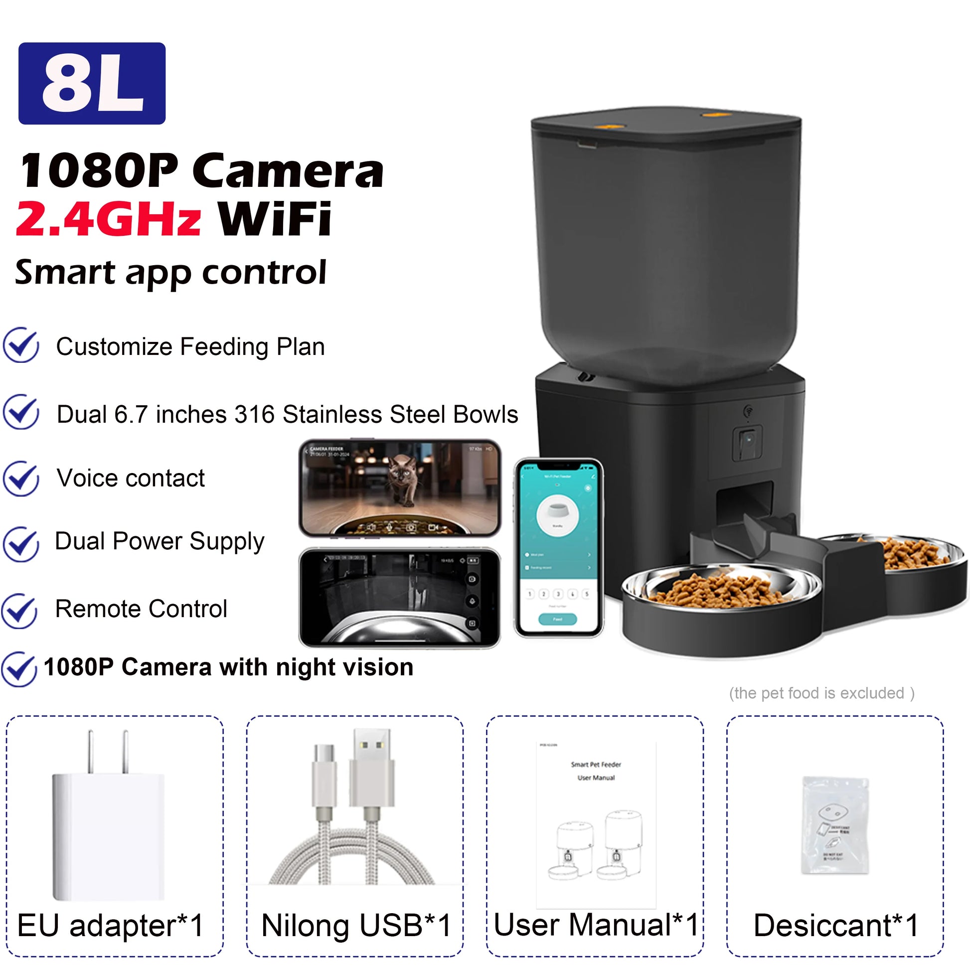 8L Smart Automatic Pet Feeder – 1080P Camera, 5G WiFi, Tuya App Control, Voice Recorder, and Timed Food Dispenser for Cats & Dogs