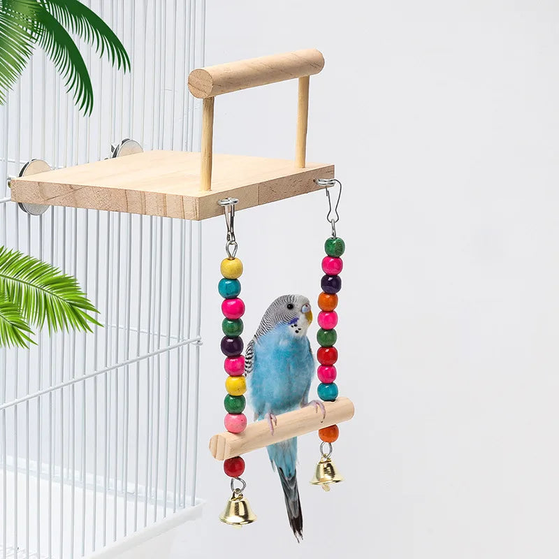 8-Piece Parrot Toy Set – Wooden Bite Toys, Swing, Ball, Bell, and Training Accessories for Birds