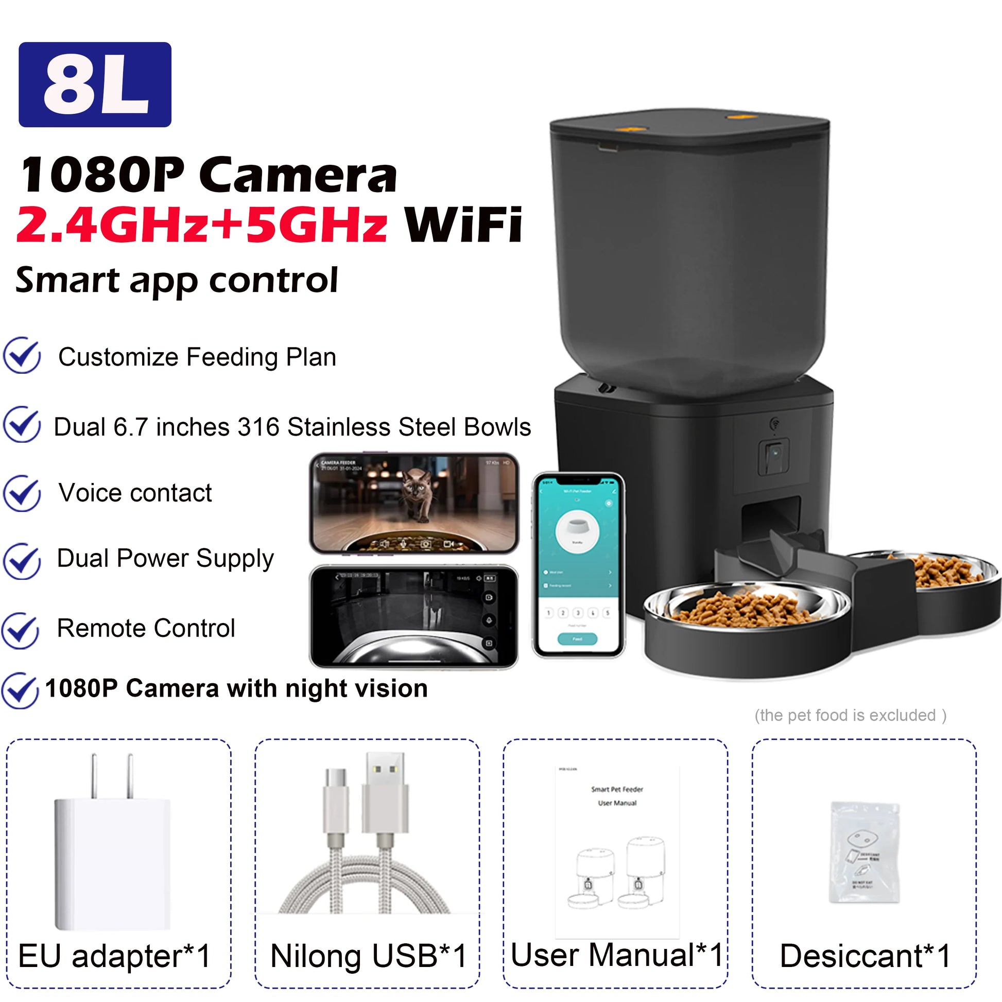 8L Smart Automatic Pet Feeder – 1080P Camera, 5G WiFi, Tuya App Control, Voice Recorder, and Timed Food Dispenser for Cats & Dogs