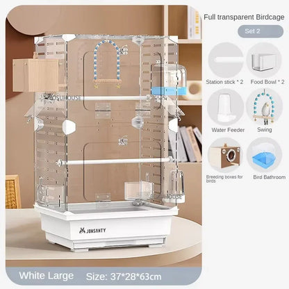 Large Transparent Acrylic Bird Cage – Luxury Splash-Proof & Breathable Design for Parrots, Budgies, & Cockatiels