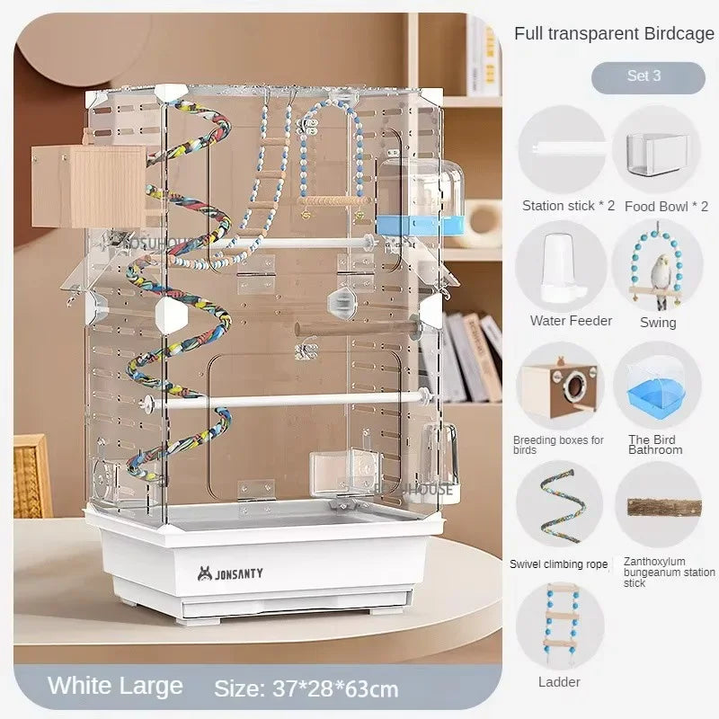 Large Transparent Acrylic Bird Cage – Luxury Splash-Proof & Breathable Design for Parrots, Budgies, & Cockatiels