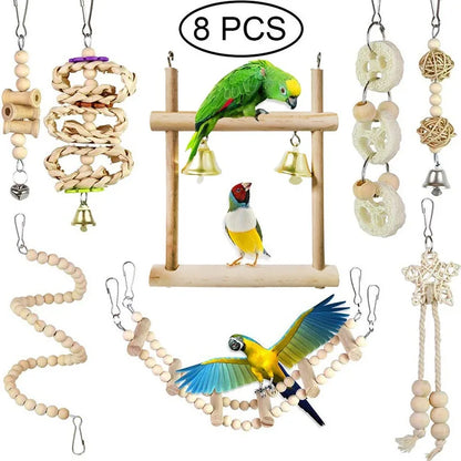 8-Piece Parrot Toy Set – Wooden Bite Toys, Swing, Ball, Bell, and Training Accessories for Birds