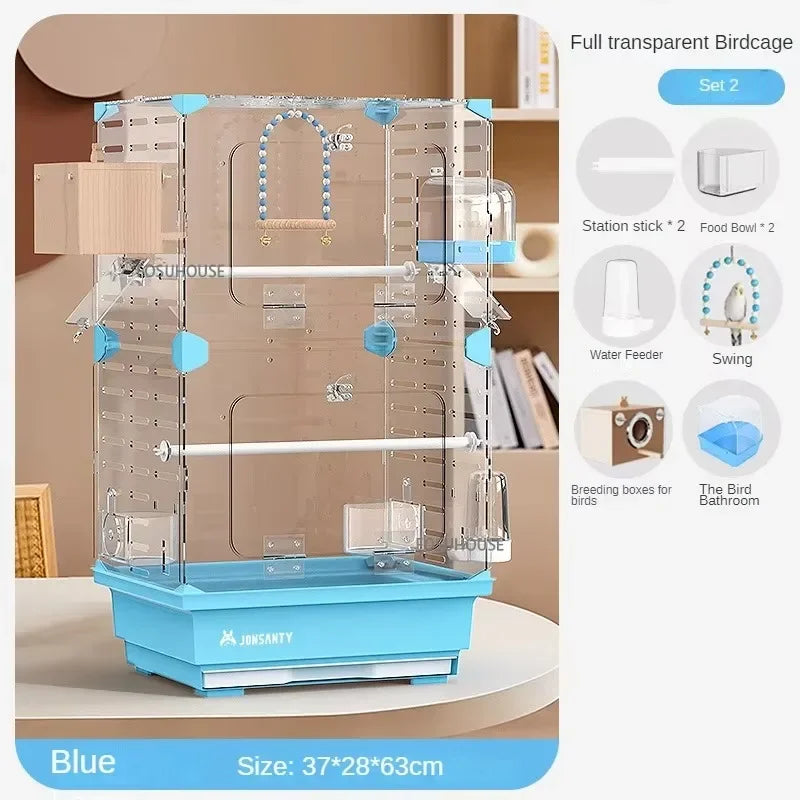 Large Transparent Acrylic Bird Cage – Luxury Splash-Proof & Breathable Design for Parrots, Budgies, & Cockatiels