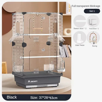 Large Transparent Acrylic Bird Cage – Luxury Splash-Proof & Breathable Design for Parrots, Budgies, & Cockatiels