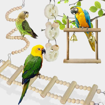 8-Piece Parrot Toy Set – Wooden Bite Toys, Swing, Ball, Bell, and Training Accessories for Birds