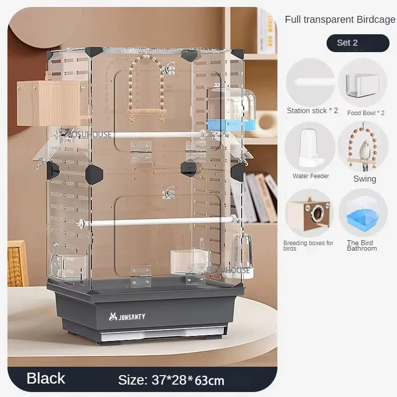 Large Transparent Acrylic Bird Cage – Luxury Splash-Proof & Breathable Design for Parrots, Budgies, & Cockatiels