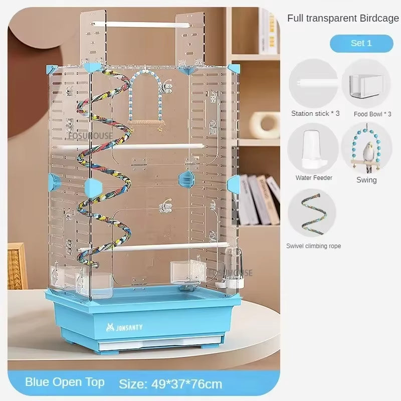 Large Transparent Acrylic Bird Cage – Luxury Splash-Proof & Breathable Design for Parrots, Budgies, & Cockatiels