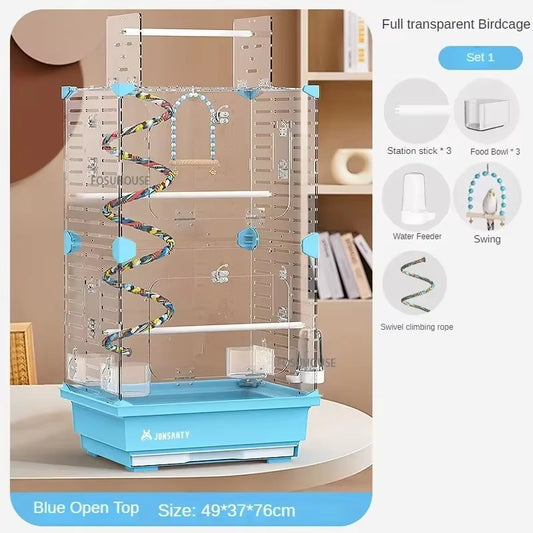 Large Transparent Acrylic Bird Cage – Luxury Splash-Proof & Breathable Design for Parrots, Budgies, & Cockatiels