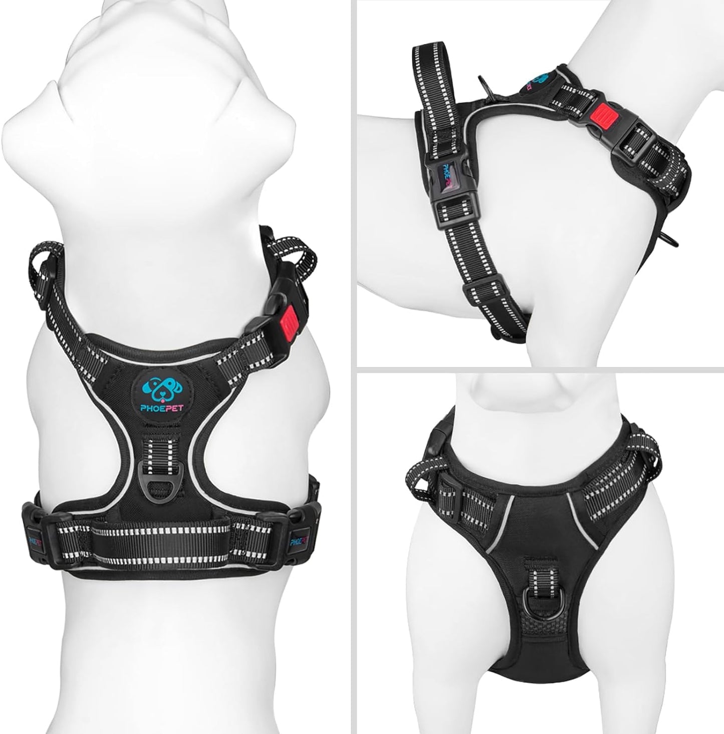 Reflective No-Pull Dog Harness for Small Dogs – Adjustable Front-Clip Vest with Handle, 2 Metal Rings & 3 Buckles, Easy On/Off (XL, Black)