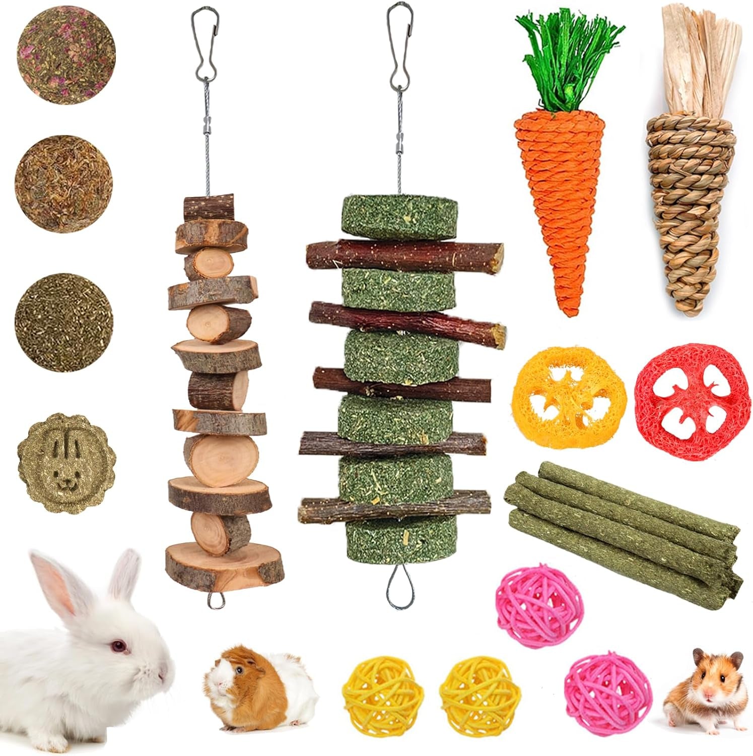 20PCS Natural Bunny Chew Toys – Apple Wood & Timothy Sticks for Rabbits, Guinea Pigs, Hamsters, & Chinchillas