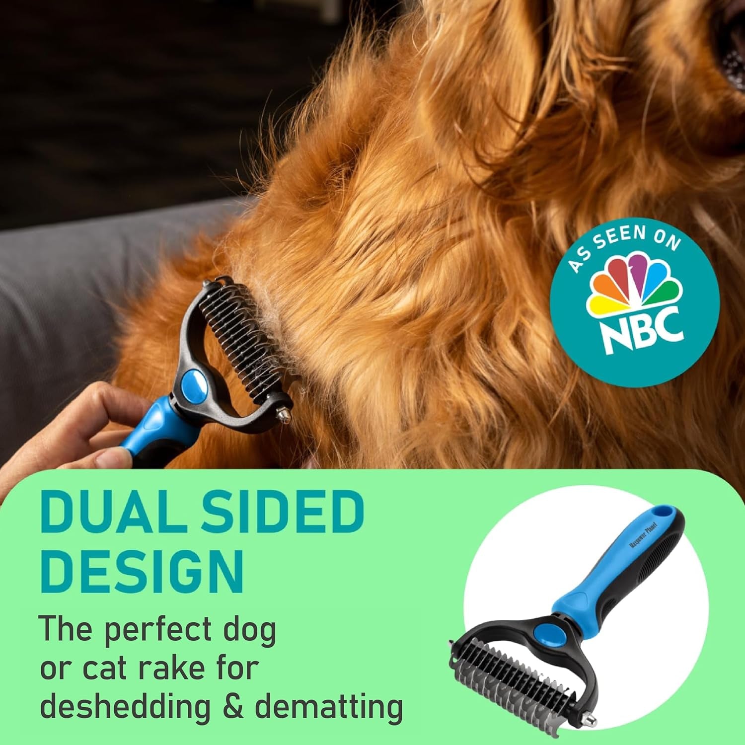 Pet Grooming Rake - Double Sided Deshedding, Dematting Tool - Undercoat Rake for Dogs, Cats - Extra Wide Dog Grooming Brush, Deshedder Comb for Long Hair, Reduce Shedding by 95%, Blue