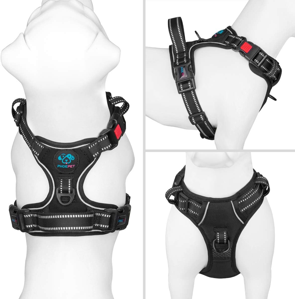 Reflective No-Pull Dog Harness for Small Dogs – Adjustable Front-Clip Vest with Handle, 2 Metal Rings & 3 Buckles, Easy On/Off (XS, Black)