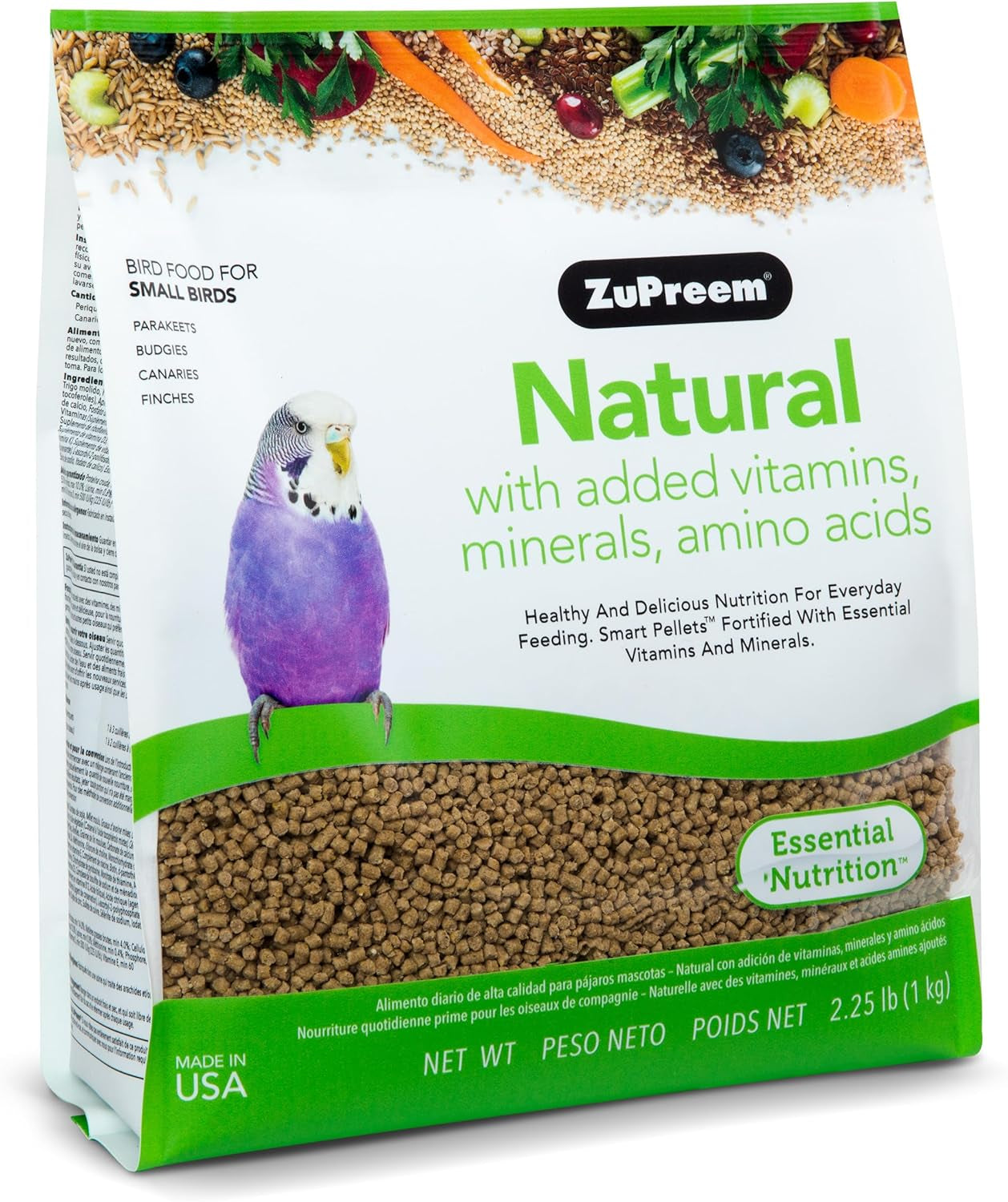 Natural Bird Pellets, Daily Food for Parakeets, Budgies, and Small Birds, 2.25 lbs, Added Vitamins, USA-Made